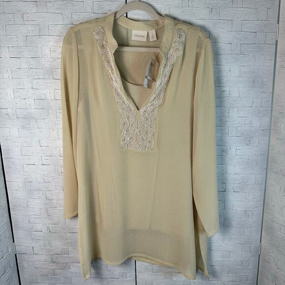 Chico’s cream tunic beaded embroidered collar, sheer with tank liner coastal  - Picture 1 of 10